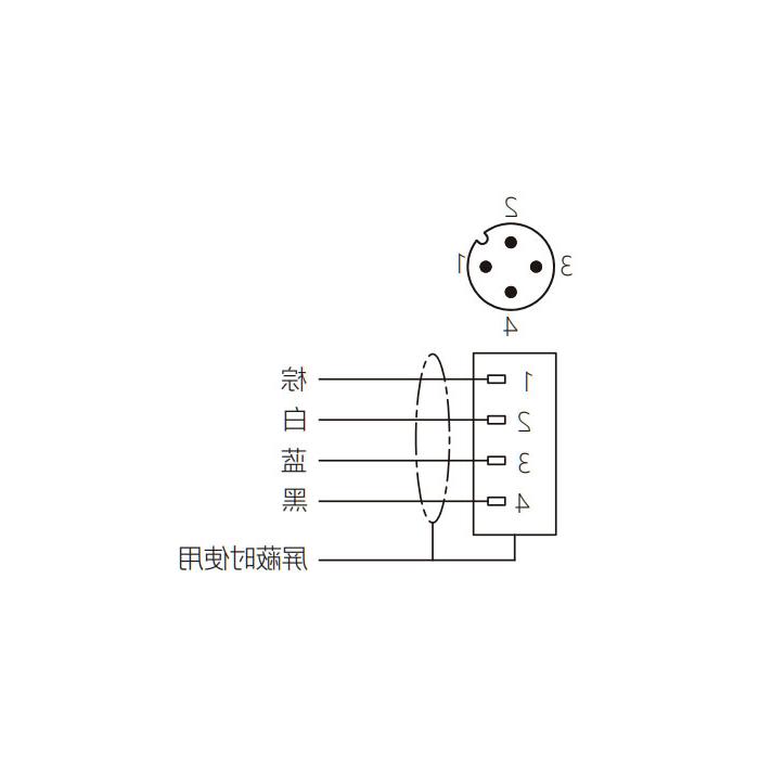 M12 4Pin、公头直型、耐高温120℃、单端预铸PUR柔性电缆、黑色护套、64H141-XXX